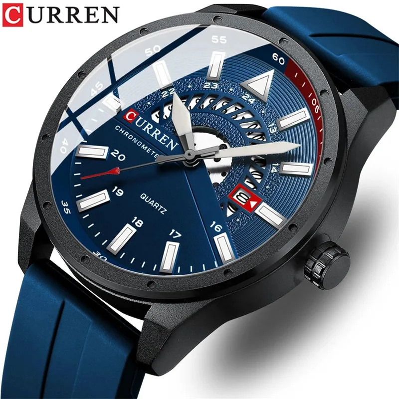 Curren 8421 Fashion 2025 Military Round Watches for Men Silicone Bracelet Blue Analog Man Quartz Wristwatches for Business Clock