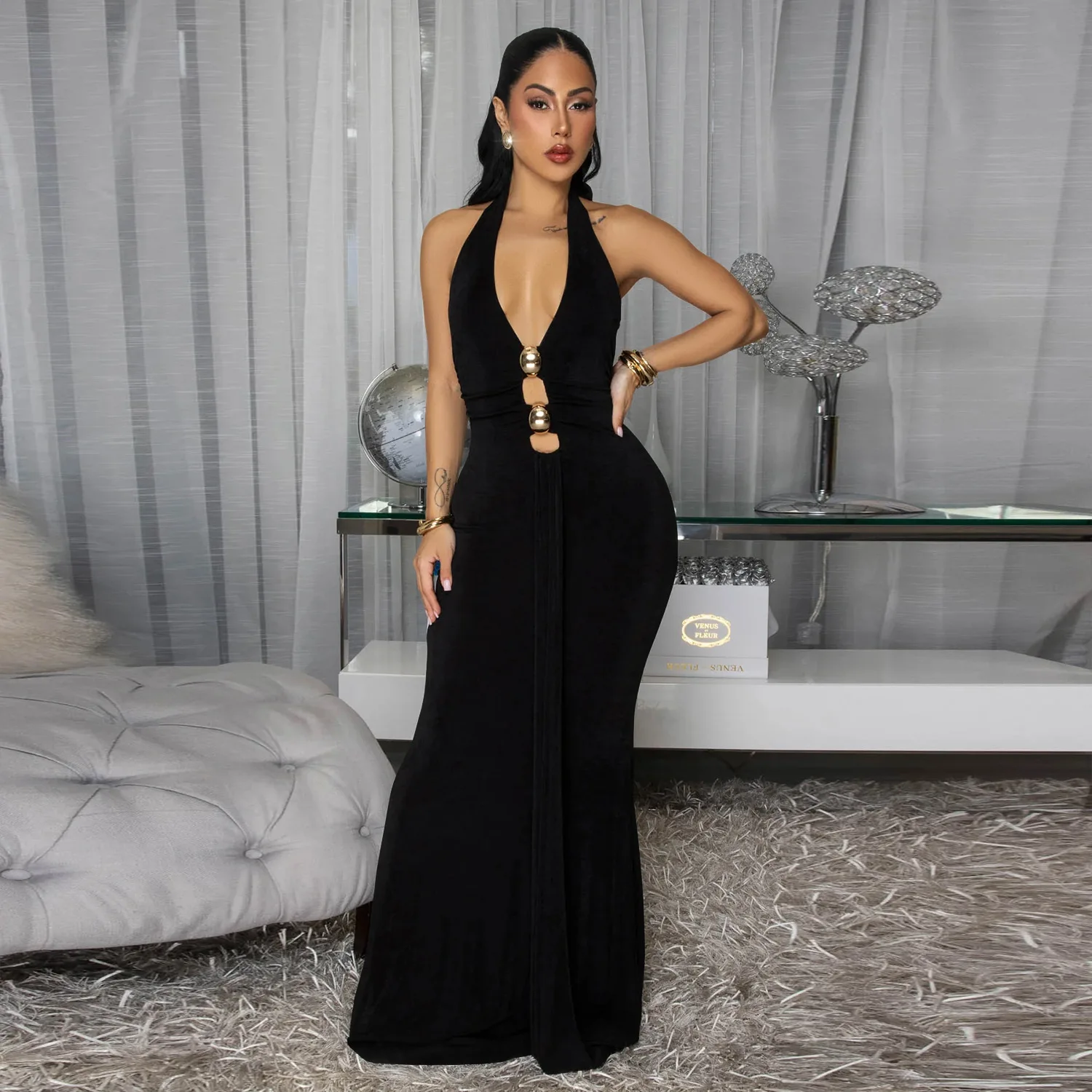 

Модное женское платье с V-образным вырезом и бретелью через шею, облегающее, без рукавов, с открытой спиной, длинное, весенне-осеннее, с завышенной талией, до колена