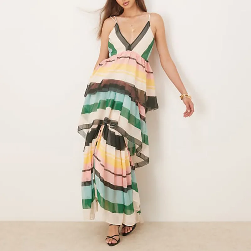 Women Summer New Color Block Pattern Slimming Dresses Sleeveless V-neck Backless Halter Long Dress Vacation Beach Holiday Dress