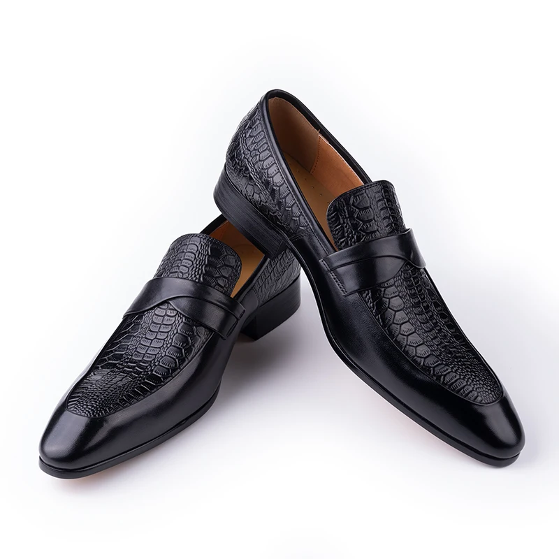 Zapatos de cuero genuino para hombre, vestido de fiesta de negocios británica, sin cordones, puntiagudos negros, traje Formal informal de moda, zapatos hechos a mano para hombre