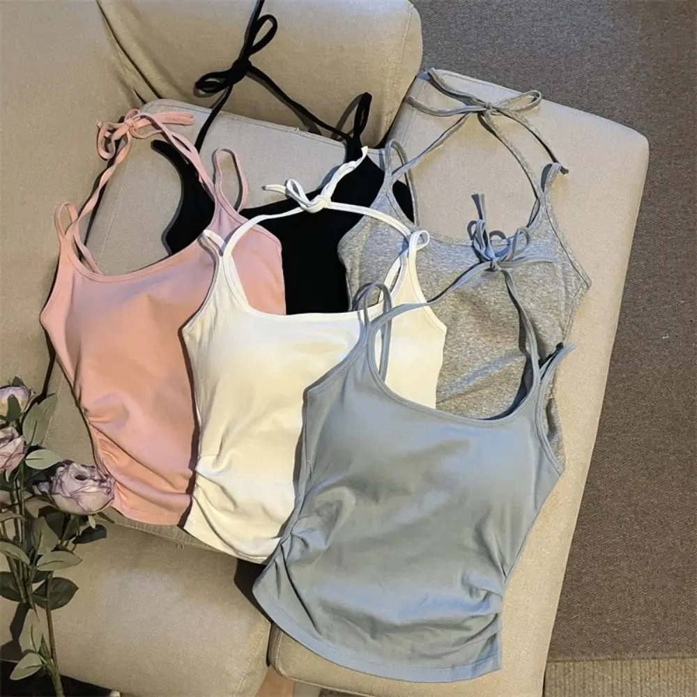 Sweet Sleeveless Tie Back Camisole Top Slim Underwear Camisole With Padded Cups Short Vest for Women