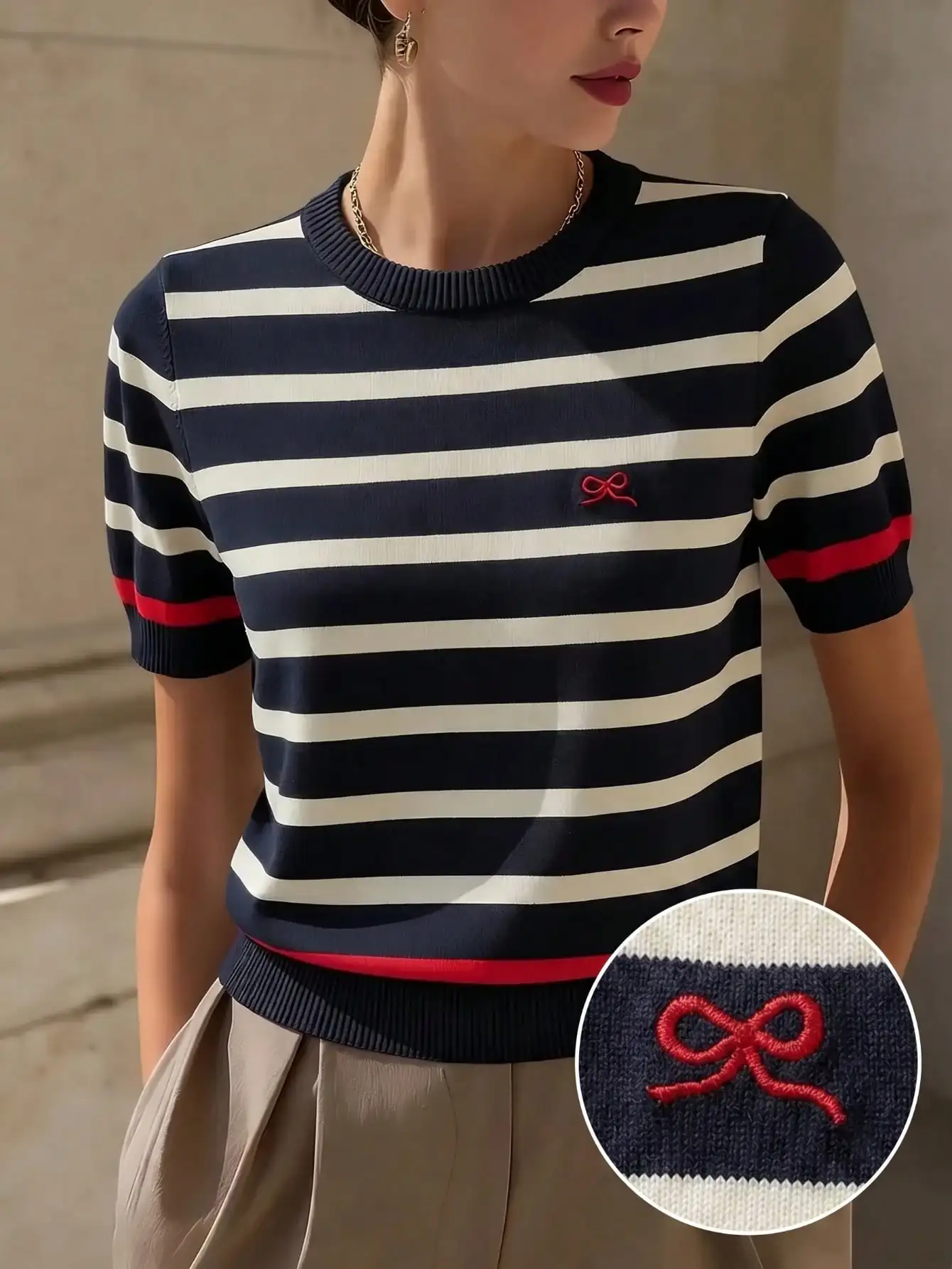 Women's Knit Pullover, Navy Cream Red Stripe Crewneck Short Sleeve Bow Embroidery Relaxed Top, for Summer Parties, Weddings & Fe