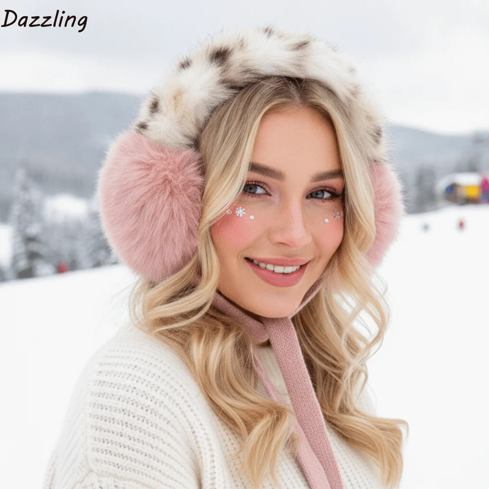 Foldable Design Leopard Earmuffs Plush Lining Windproof Protection Foldable Ear Warmer Thick Padding Adjustable Straps