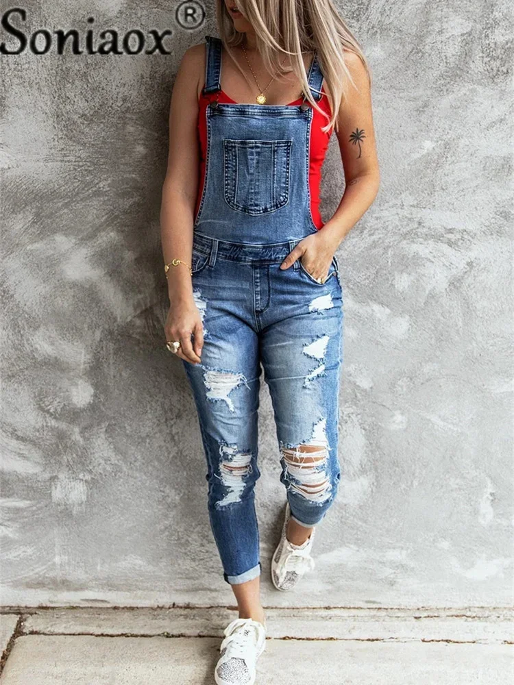 

Denim Jumpsuit Women Summer Sexy Ripped Hole Skinny Denim Overalls Casual Y-shaped Shoulder Strap Black Jumpsuit Bodysuit Women