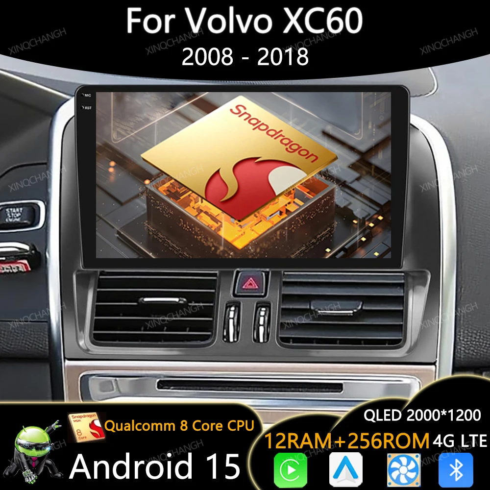 Android 15 Radio del coche para Volvo XC60 Que 1 2008 - 2017 Carplay Auto QLED unidad principal reproductor de vídeo Multimedia 4G LTE 5G WIFI GPS BT