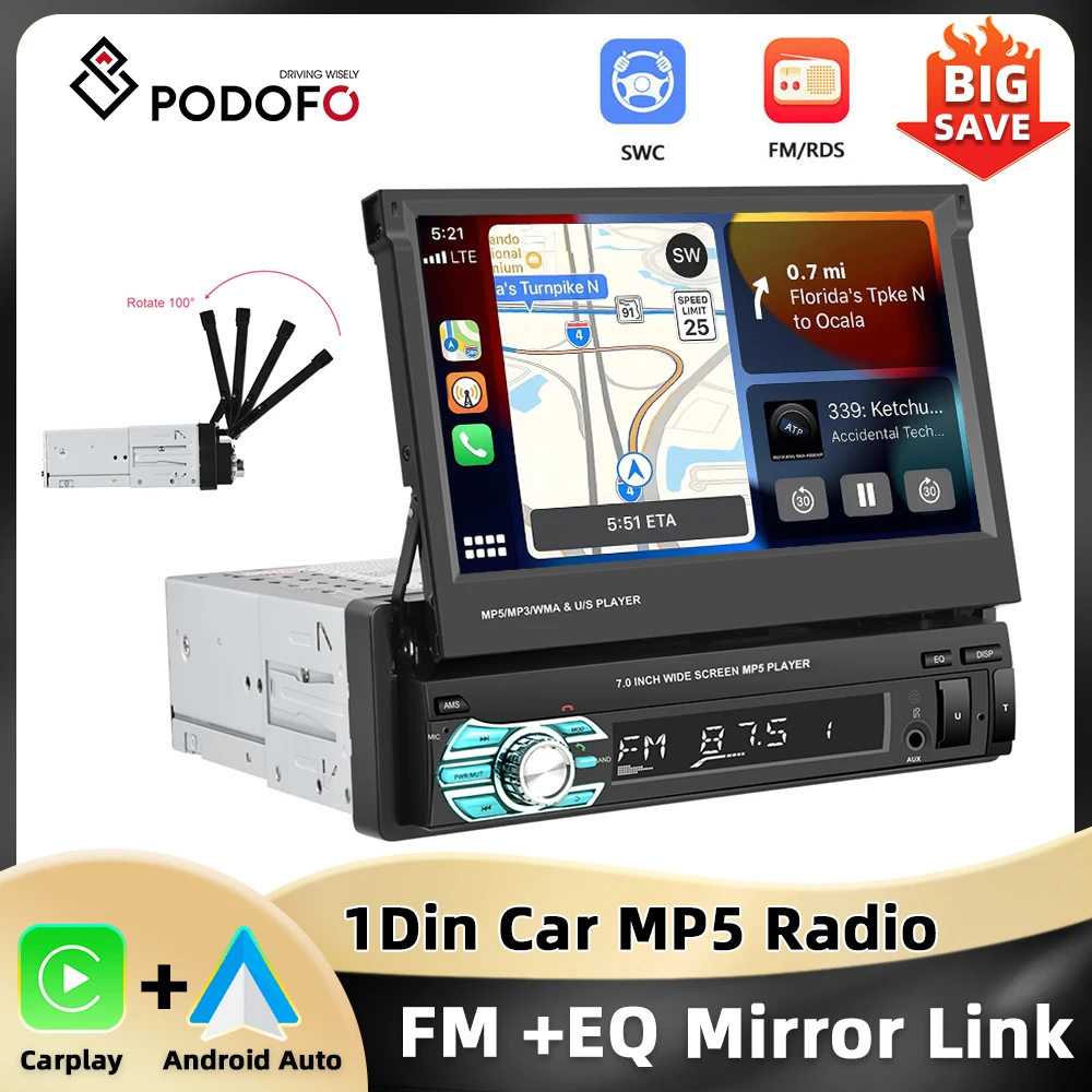 Podofo 7'' Radio Samochodowe z Ręcznie Wysuwanym Ekranem 1Din MP5 Player Carplay Android Auto Bluetooth Mirror Link USB D-play Car Stereo