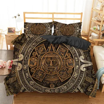 Ancient Aztec Calendar Print Bedding Set Mayan Culture Duvet Cover Set Pillowcase Polyester Duvet Cover Queen Bed Set