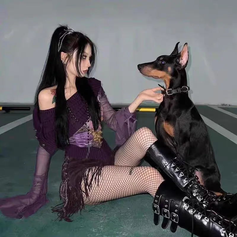 

Фиолетовые зимние топы с разрезом на шее, рубашки с женским принтом, вязаный нерегулярный V-образный подол, дизайн Y2K Ins, шикарный пуловер для ночного клуба, футболка, осенняя блузка