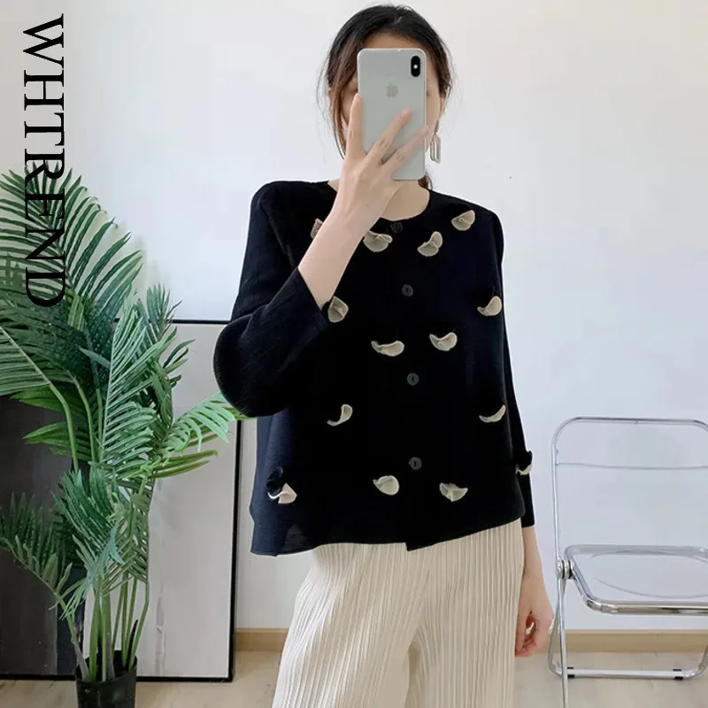 

WHTREND плиссированные рубашки с цветочным принтом для женщин, однобортный шикарный топ с круглым вырезом, женская модная одежда, новинка осени WH1236