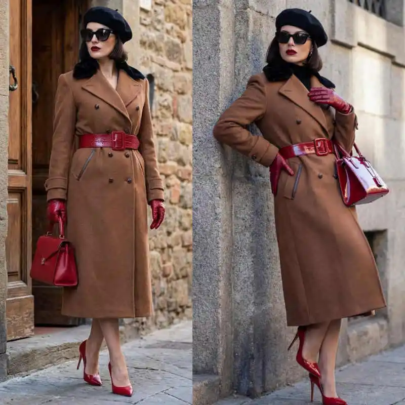 

Fashionable Women's Overcoat 1 Piece Slim Long Coat Double Breasted Notched Lapel Party Banquet Autumn Winter Customized