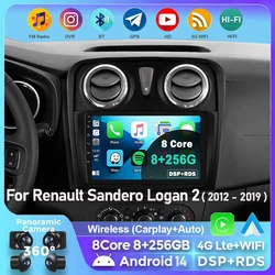 안드로이드 14 르노 Sandero Logan 2 2012-2019 2K QLED 안드로이드 자동차 라디오 멀티미디어 비디오 플레이어 GPS CarPlay 자동 BT 4G 스테레오