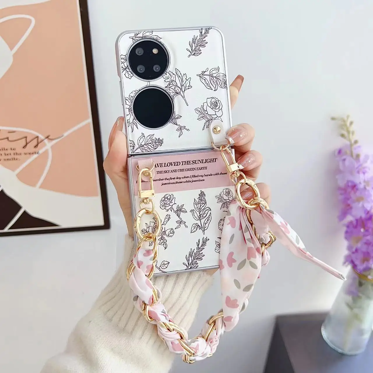 For Huawei P50 Pocket 2 Pockets Cover With Holder Flower Handheld Scarf Bracelet Wristband Chain Strap Case Soft Back All Cover image 4