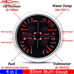 4In1 Oil Pressure+Water Temperature+VOLT+Fuel Gauge with Flashing Alarm Light 0-10Bar Oil Press Meter 0-190ohm Oil Level Custom
