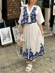 2024 Women Skirt Set Blue Embroidery Single-Breasted V Neck Shirt +Folds High Waist Casual A Line Long Skirt Beach Style