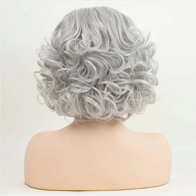 Synthetic Hair Gray Wigs Older Silver Grey Short Curly Bob Wigs