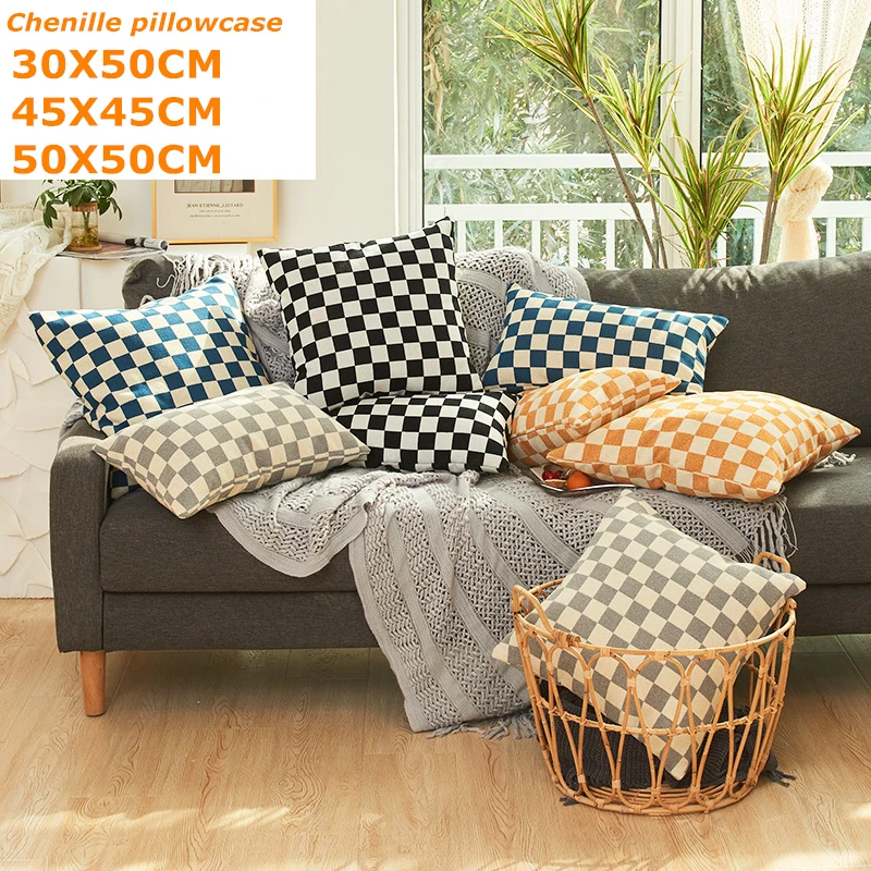 High Density Thick Chenille Pillows Case Ultra Soft Both Sides Chess Board Plaids Pattern Cushion Case Decor Couch Throw Pillows