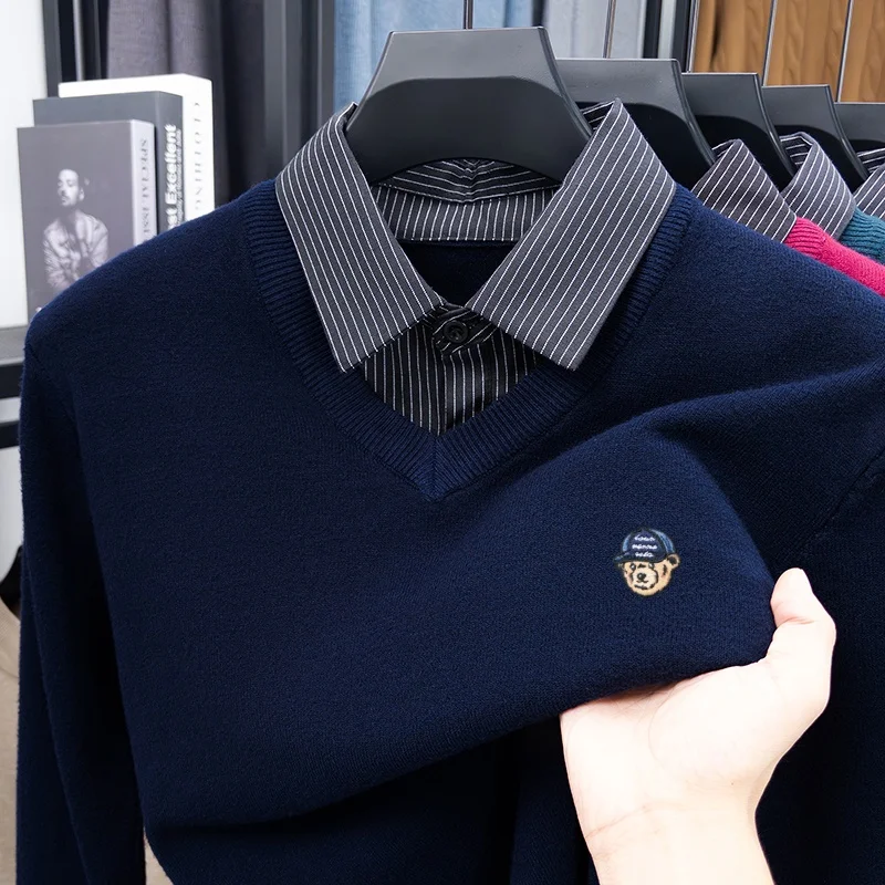 Luxury Men Quality Long-Sleeved Sweater T-Shirt Lapel Button False Two-Piece Embroidery Knitwear Leisure Comfort Men's Clothing
