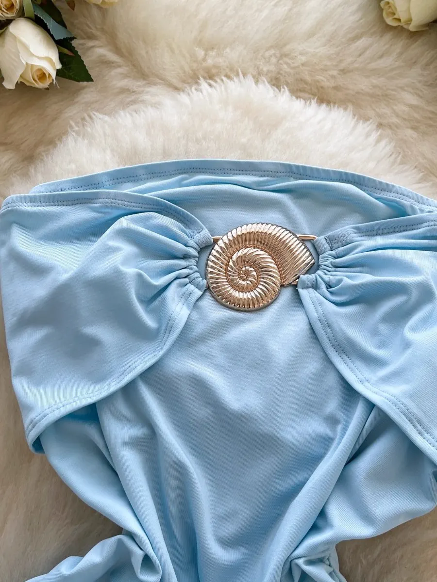 Foamlina Vacation Outfit Tube Dress Women Fashion Metal Buckle Sleeveless Bandeau Cinched Waist Bodycon Mini Dress