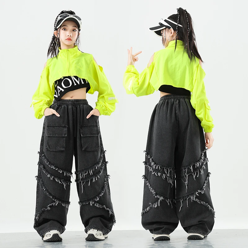 Chaqueta verde corta de Hip Hop para niñas, pantalones vaqueros Cargo de baile callejero, ropa de calle militar para niños, Joggers, conjuntos de ropa de Jazz para niños