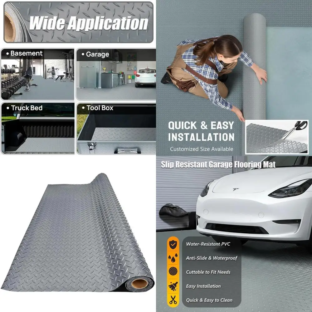

Thick PVC Garage Floor Mat - Heavy Duty Water-Resistant Non-Slip Protector for Cars, Trailers, SUVs, Basements, Gyms (Grey, 1ft