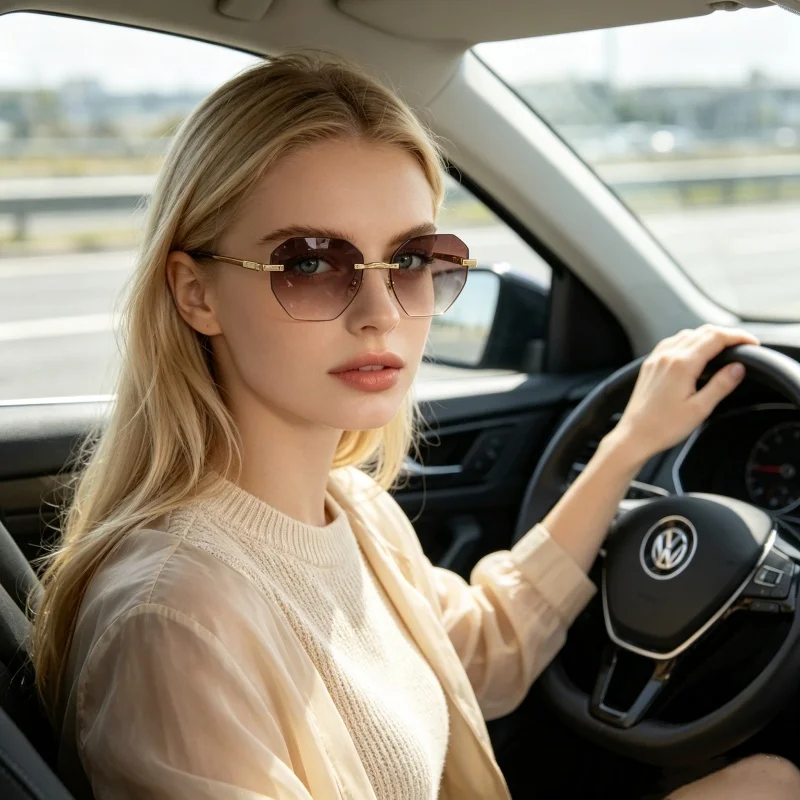 2026 New Fashionable Luxury Octagonal Frameless Women's Sunglasses Outdoor Neutral High Quality Driving UV400 Sunscreen Glasses