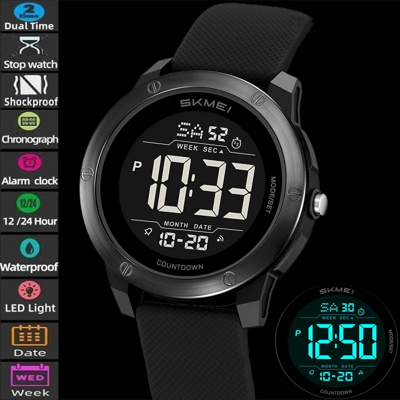 Skmei Waterproof Swimming Digital Watches for Mens 12 24 Hour Display LED Chronograph Fashion Silicone Strap Sports Dual Time