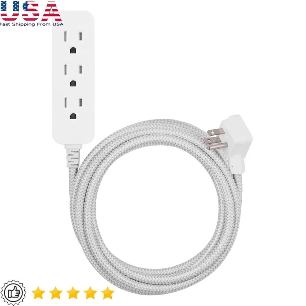 

15ft 3-Outlet Braided Extension Cord Indoor Flat Plug Durable Gray White Chevron Power Strip Home Office Use