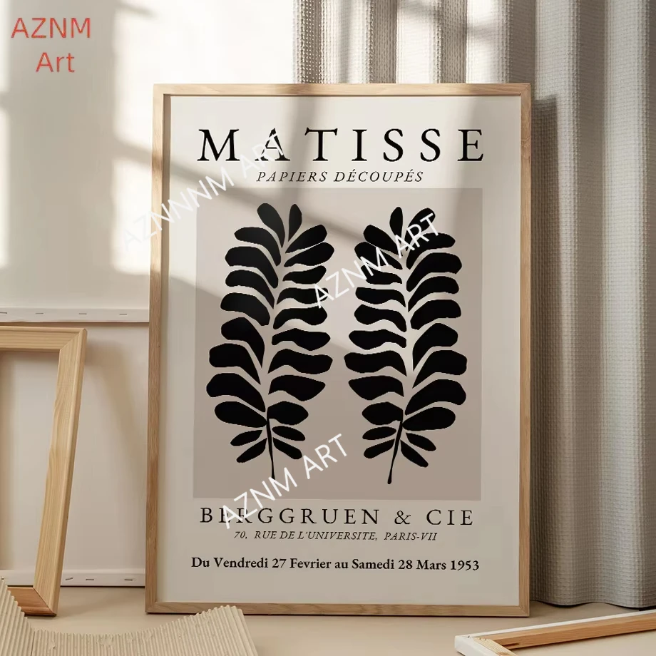 Abstrakte Matisse-Wandkunst mit schwarzen Blättern, Linien, Blumenmädchen und Bergmotiv, Leinwandgemälde, Poster, Drucke, Bilder für Wohnzimmerdekoration
