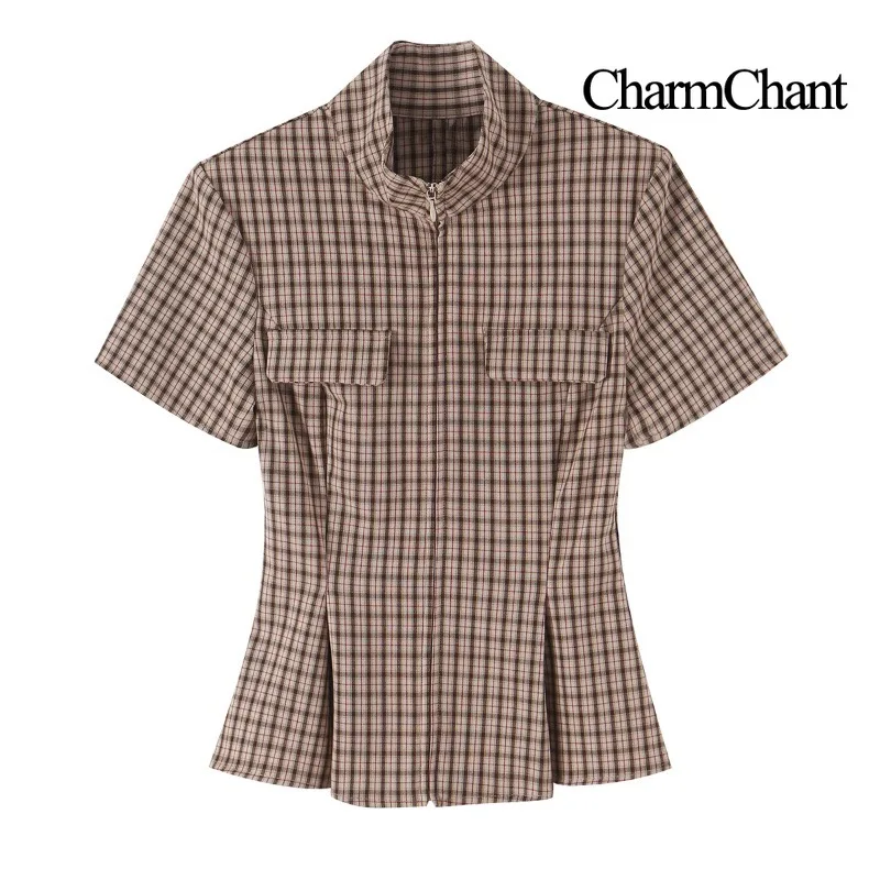 CHARMCHANT Women's Plaid Two Piece Set Short Sleeve Peplum Blouse Flare Trousers Zipper Stand Collar Workwear Spring Summer 2026