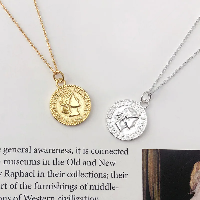 TZgrams Real 925 Silver Women Portrait Round Coin Pendant Gold Necklace For Ladies Vintage Clavicle Chain Fashion Fine Jewelry