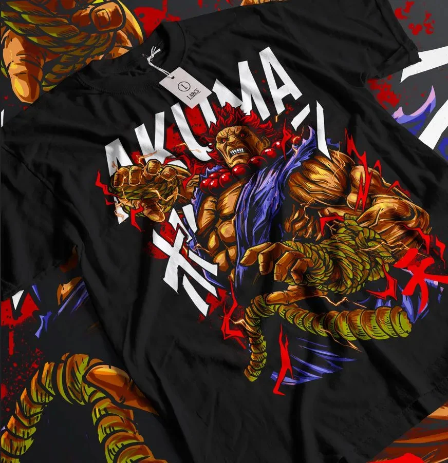 تي شيرت Street Fighting Akuma بنمط مطبوع ممتاز للرجال والنساء، بلوزة فضفاضة مريحة من القطن الخالص للصيف