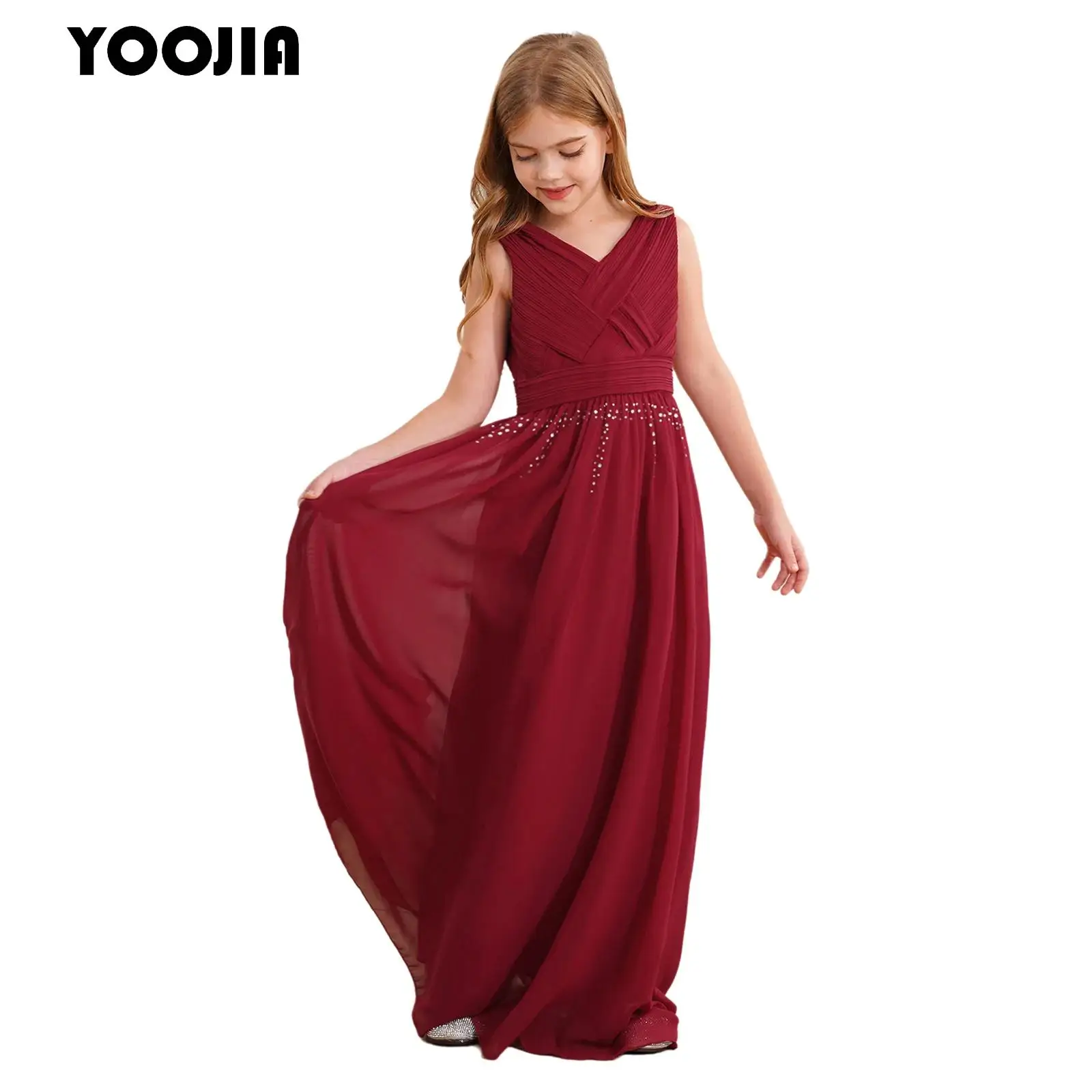 Elegant Girls Long Dress Floor Length Ruched Chiffon Dress Flower Kid Festive Sleeveless Clothing for Wedding Communion Princess