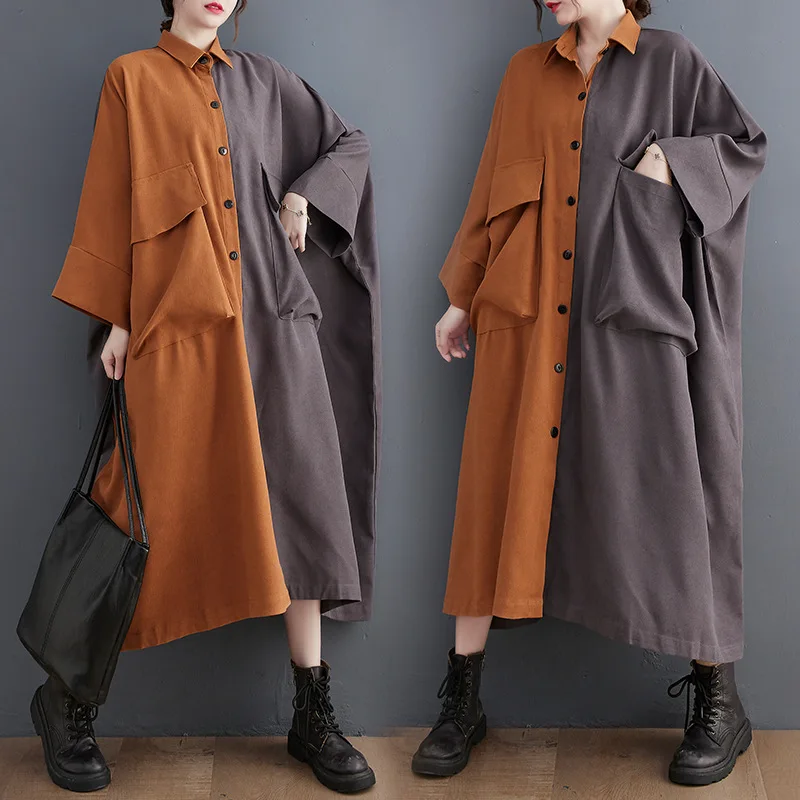 HUISONG فستان قميص ميدي نسائي برتقالي بجيوب كبيرة الحجم مع طية صدر السترة وأكمام طويلة موضة المد ربيع الخريف 2025 6nw3ra