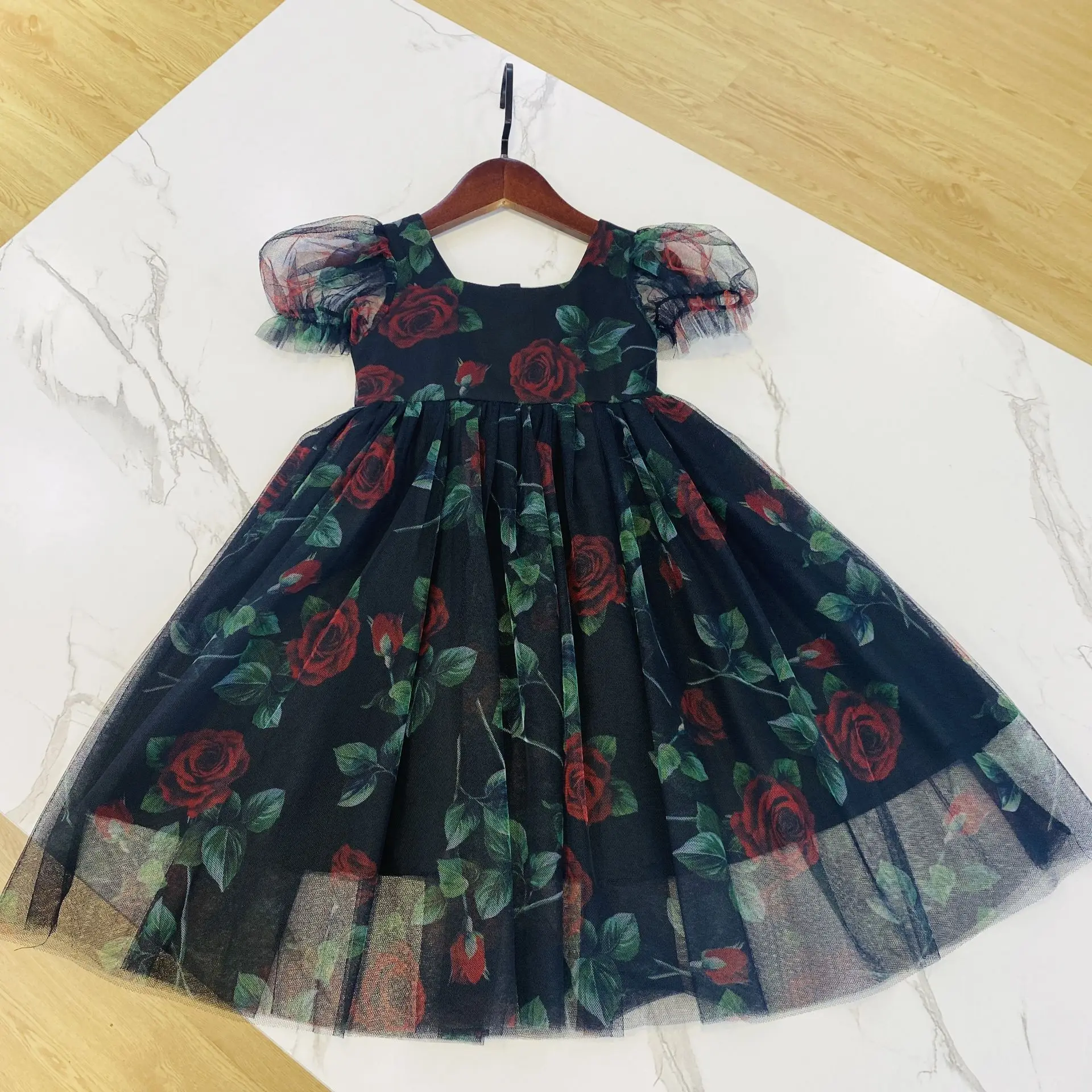 Vacation style 2024  summer new girl dress children clothing short sleeved flower fairy mesh dress