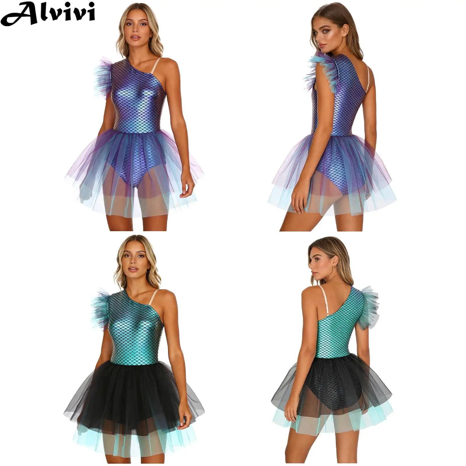 

Women Mermaid Fish Scales Print Ballet Dance Gymnastics Leotard Dress Sleeveless Tulle Bodysuit Tutu for Halloween Carnival