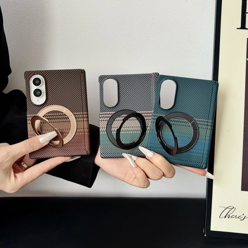 Case For Samsung Galaxy Z Fold 8 Magnetic Carbon Fiber Stripe Pattern Texture Ring Stand Cover with Alloy Lens for Z Fold8 케이스