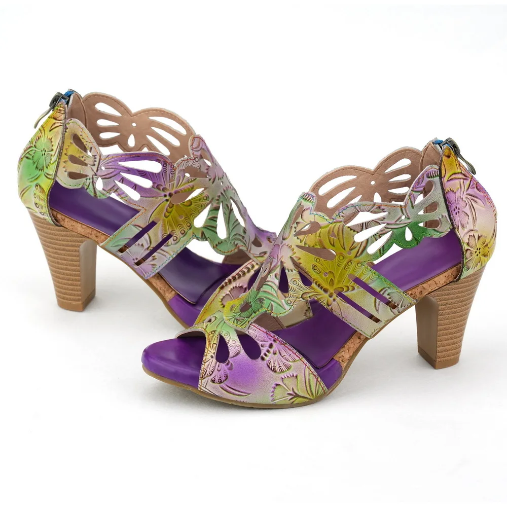Thick High Heels Sandals,Women's Cowhide Real Leather Summer Shoes,Hollow Out,Back Zip,Size 36-42,Purple,Yellow,Green.Dropship
