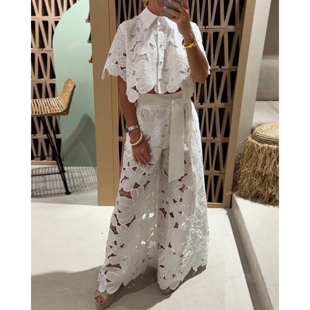 

Floral Pattern Hollow Out Half Sleeve Buttoned Shirt Top and Wide Leg Tied Detail Pants Set Elegant Women Two Pieces Outfits