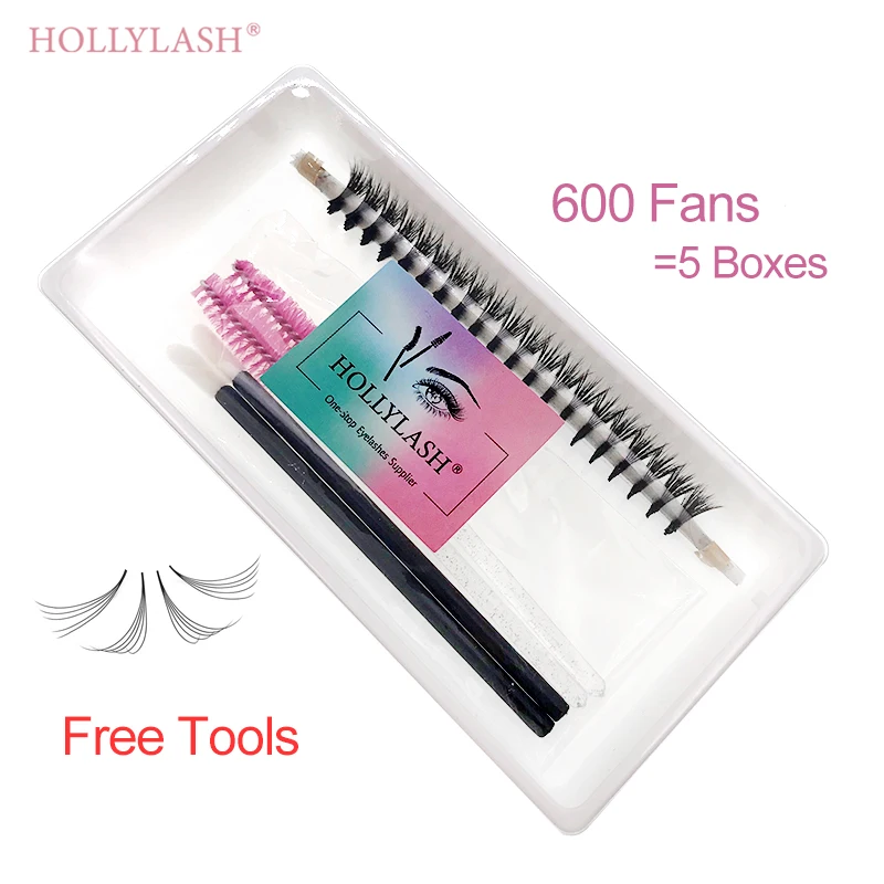 HOLLYLASH 600fans Pre-Made Volume Lashes 5D/6D/8D/10D/12D/14D 8-15mm Natural Soft Russian Volume Individual Eyelashes Free Tools