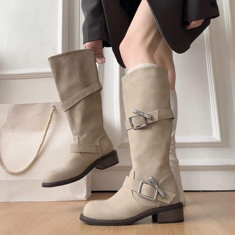 

Autumn Winter Vintage Belt Buckle Women Knee High Boots Elegant Low Heel Anti Slip Round Toe Shoes Ladies Knight Long Booties