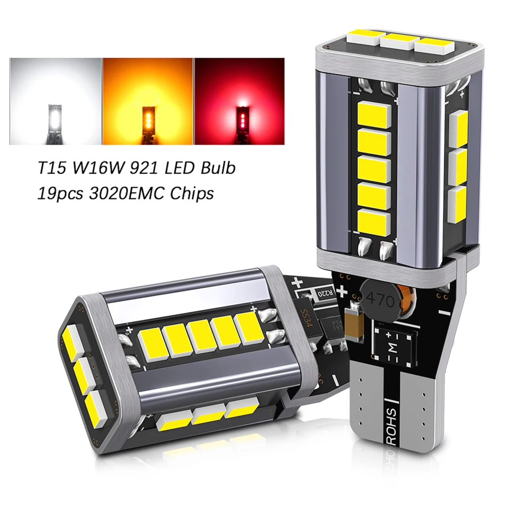 2pcs High Power T15 LED W16W 921 912 Car Lights CANBUS 19pcs 3020EMC No Error For Reverse Bulb Rear Signal Lamp 12V White Yellow