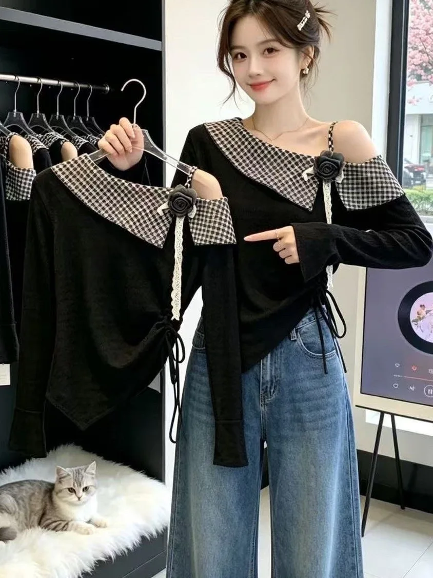 Elegant Square Collar Long Sleeve T-Shirt Women's New 2026 Autumn Design Unique 3D Flower Print Slim Fit French Style Top