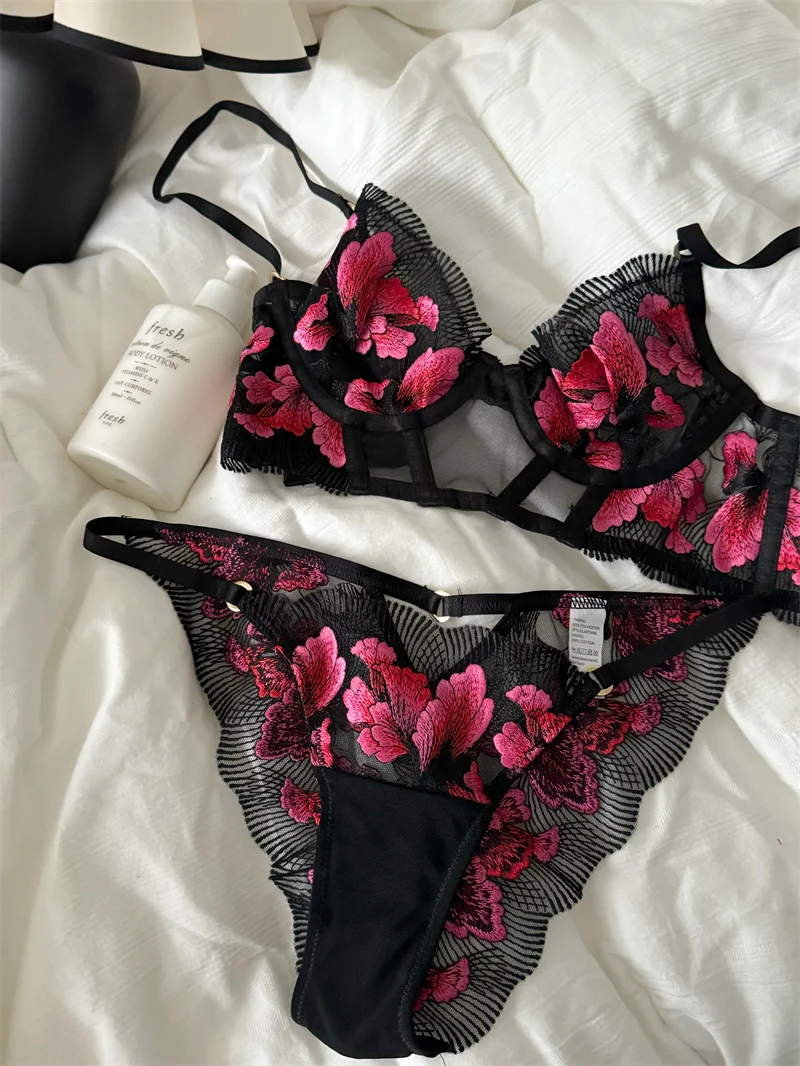 Floral thin breathable lingerie small breast temperament show small steel ring underwear set up support underwear female bra
