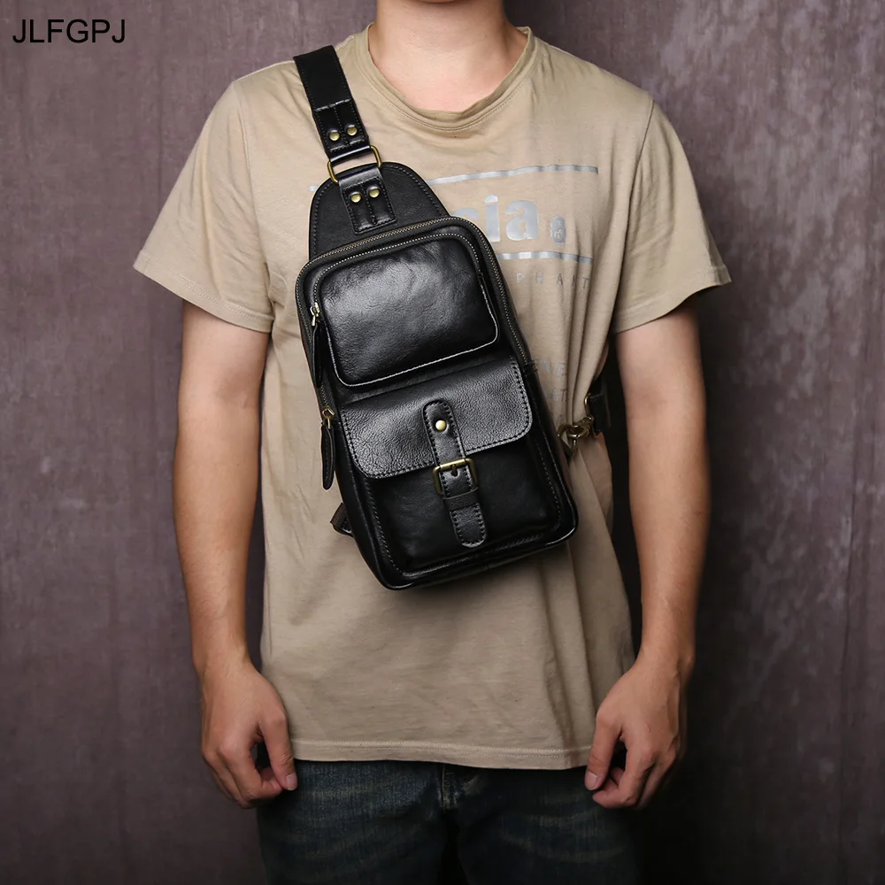 

JLFGPJ New Men's Genuine Leather Chest Bag Retro Distressed Top Layer Cowhide European And American Style Zipper Crossbody Bag