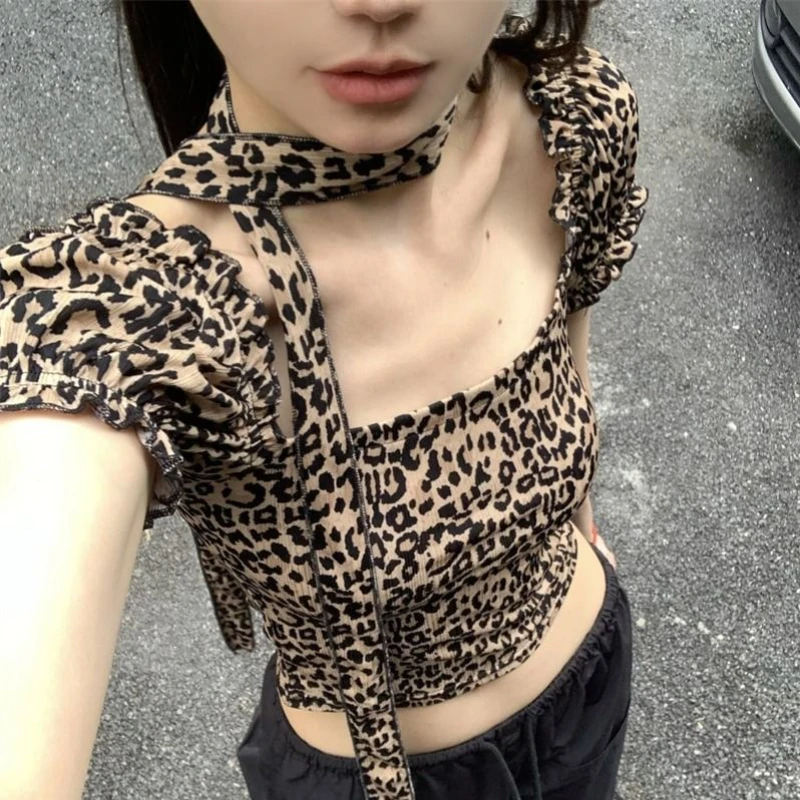 Leopard Print Women T-shirt  Fashion Short Puff Sleeve Square Collar Short Sleeve Casual Vintage Sexy Backless with Tie Tshirts