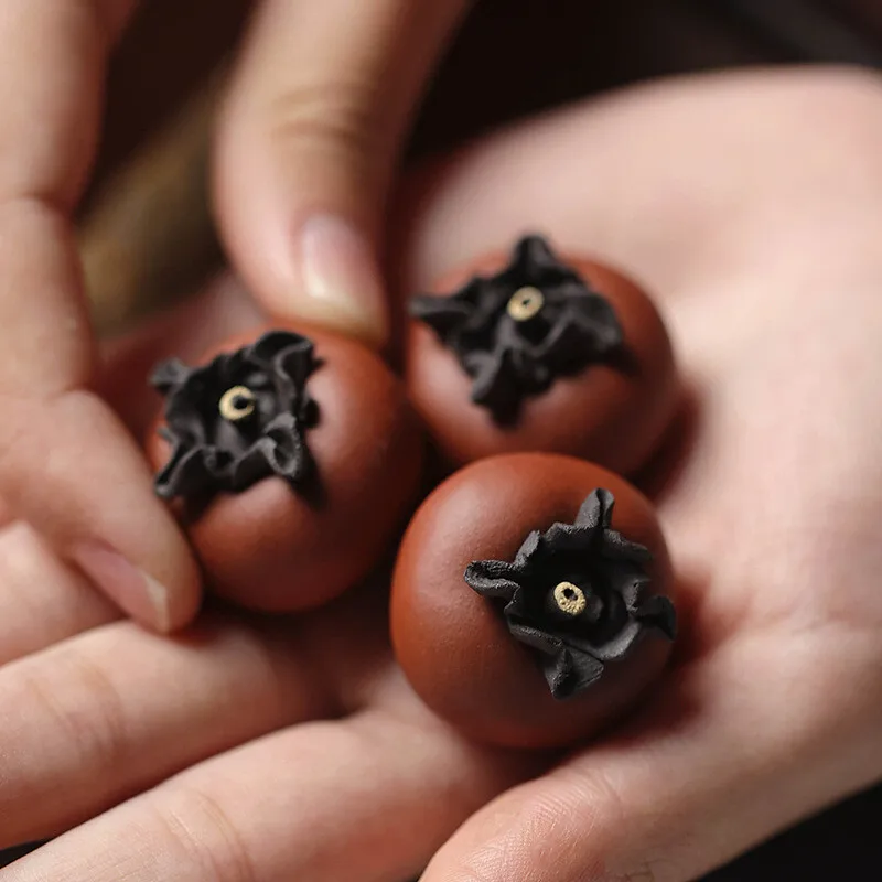 Yixing Zisha Persimmon Figurine Handmade Fruit Statue Tea Pet Desktop Collectible Ornament