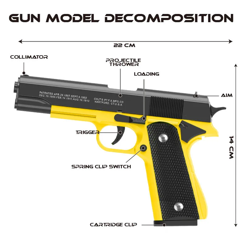 Nuevo. Pistola de juguete automática Colt 1911, carcasa automática, bala suave, pistola de aire, arma de tiro CS, juguete para niños