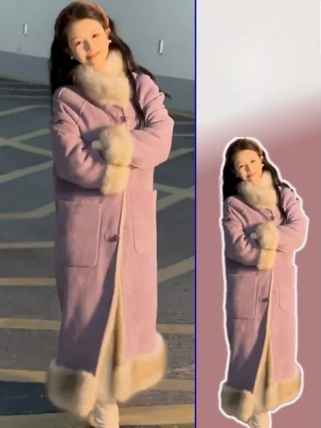 

plus Size Warmth Thiened Long Coat with Fur Collar Button up Casual Outerwear for Women Spring Autumn Faion Ele