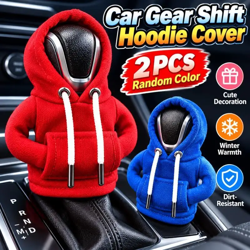 2PCS Random Color Car Gear Shift Hoodie Covers, Cute Mini Sweatshirt Gear Knob Decoration, Winter Car Interior Accessories