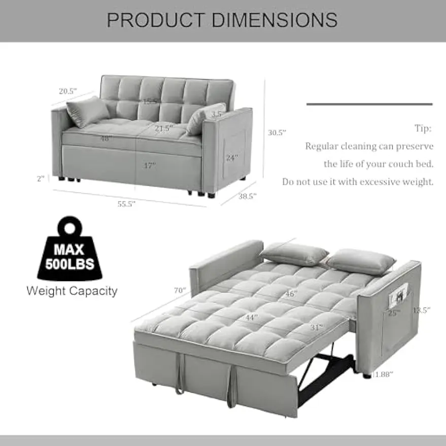 3 in 1 Sleeper Sofa Couch Bed, Velvet Convertible Loveseat Sleeper Sofa with 3 Level Adjustable Backrest, Storage Pockets,